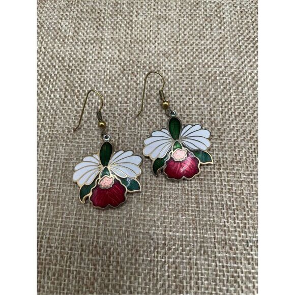 Bundle of Two Vintage Cloisonné Orchid Flower Dangling Earrings - Picture 3 of 8